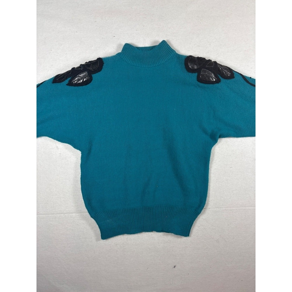 Vintage Teal Sweater With Black Shoulder Appliques & Ribbed Crew Neck‎ size 8